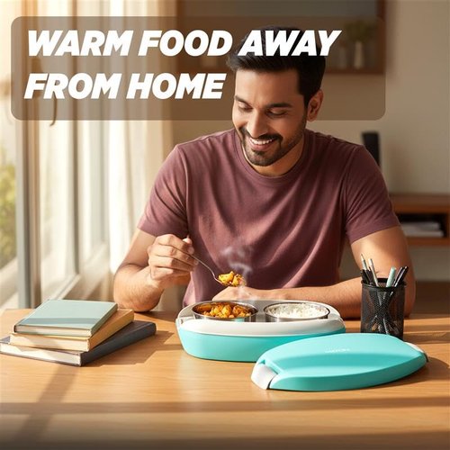 MILTON Swiftron Stainless Steel Electric Tiffin Box, Set of 2, (260 ml Each), Aqua Green | Food Grade | Double Walled | Auto Cut off | Reheats food