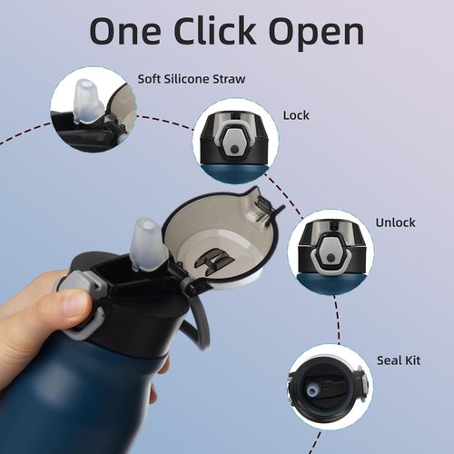BJPKPK Insulated Water Bottle - 25oz Stainless Steel Flask with Straw & Leak-Proof Lid | Navy Blue