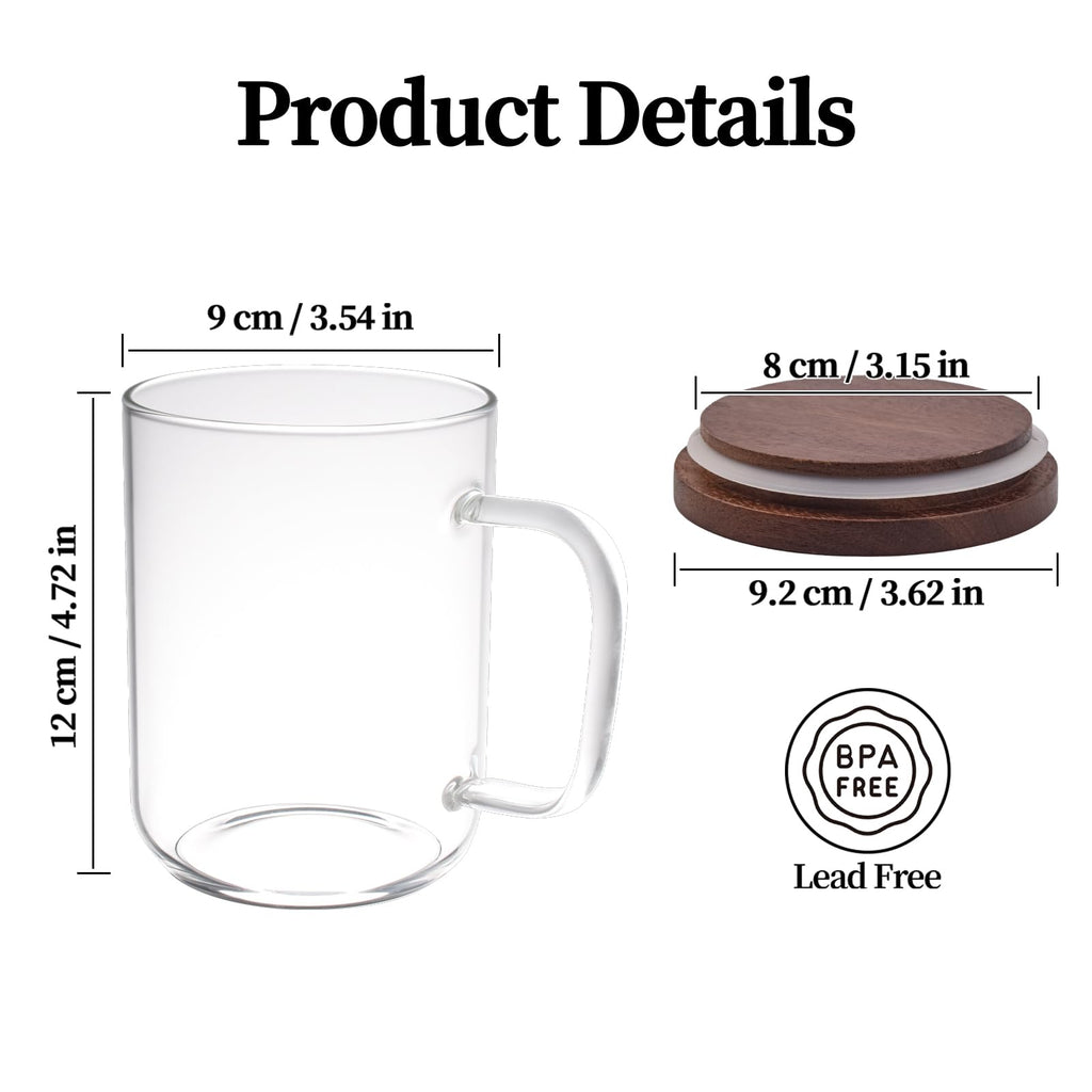 OWATRKDEY Glass Coffee Mugs Cups with Acacia Wood Lid 20 oz, Glass Mug Set of 2, Large Coffee Mug with Handles, Coffee Mugs for Latte, Espresso, Tea