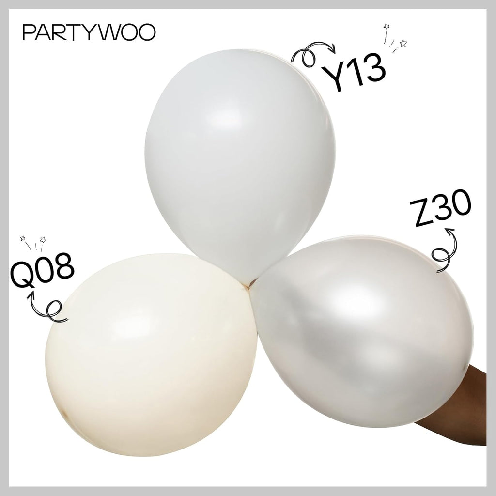 PartyWoo Pearl White Balloons - 145-Piece Metallic Latex Balloon Arch Kit for Weddings & Parties | 5-12 Inch Sizes