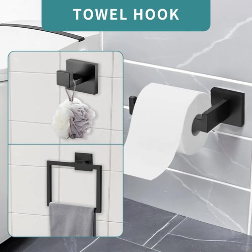 zmnklry 5-Pieces Matte Black Bathroom Hardware Accessories Set, 15.6 inch Towel Bar,Towel Racks for Bathroom, Robe Towel Hooks, Toilet Paper Holder Wall Mounted