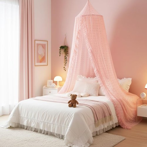 Mengesi Bed Canopy with Pom Pom- Lace Chiffon Canopy Bed Curtains, Ruffles Princess Reading Nook Play Tent for Girls Room (Beige Pink)