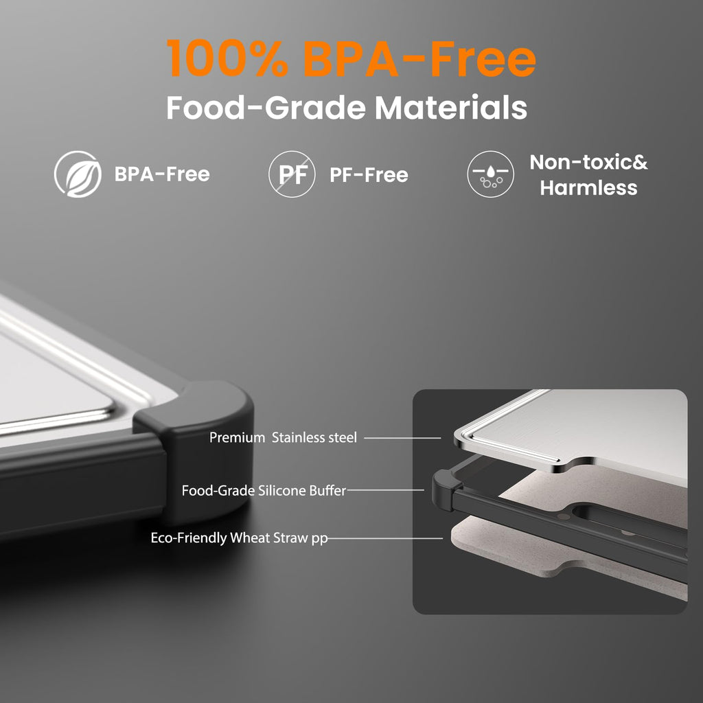 Premium 316 Stainless Steel Cutting Board for Kitchen Extra Large 16.9" x 11.8" Best Non-Toxic Chopping Board for Meat Food-Grade Metal & Eco-Friendly Wheat Straw Dual-Sided Healthy Kitchen Essential