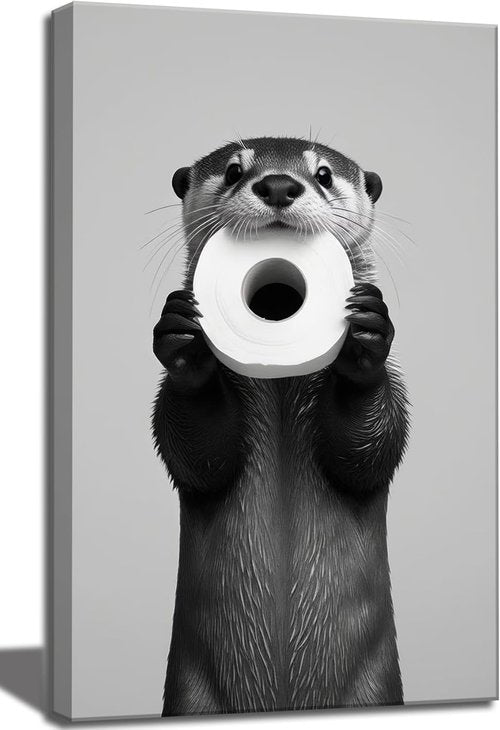 Funny Otter Wall Art by [Brand Name] - Humorous Black and White Canvas Print for Bathroom Decor | 12x16''