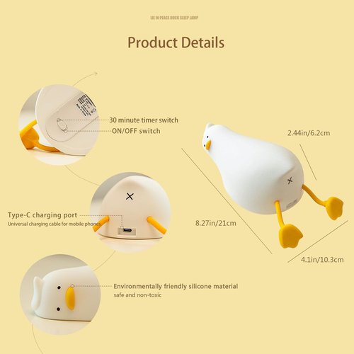 QEBTRIR Fun LED Lying Flat Duck Night Light Silicone Dimmable Nursery Nightlight Rechargeable Bedside Touch Lamp for Breastfeeding Cute Squishy Duck Lamp for Baby Kids Room Decor (Duck), K-1096