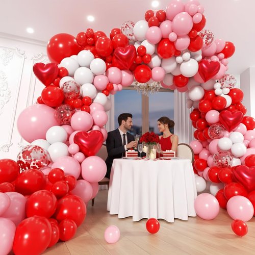 EICUECUE Valentines Day Balloons Garland Arch Kit - Different Size Red Pink White Balloons and Heart Foil Balloons for Valentine's Day Galentine's Day Engagement Anniversary Party Decoration Supplies