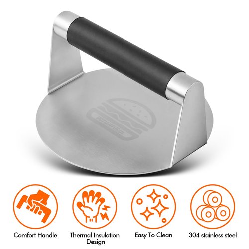 304 Stainless Steel Smash Burger Press with Heat-Resistant Gloves for Burger Lovers: Prevent From Getting Burned - 6.3 Inches Non Stick Hamburger Smasher Tool for BBQs and Cookouts - Dishwasher Safe