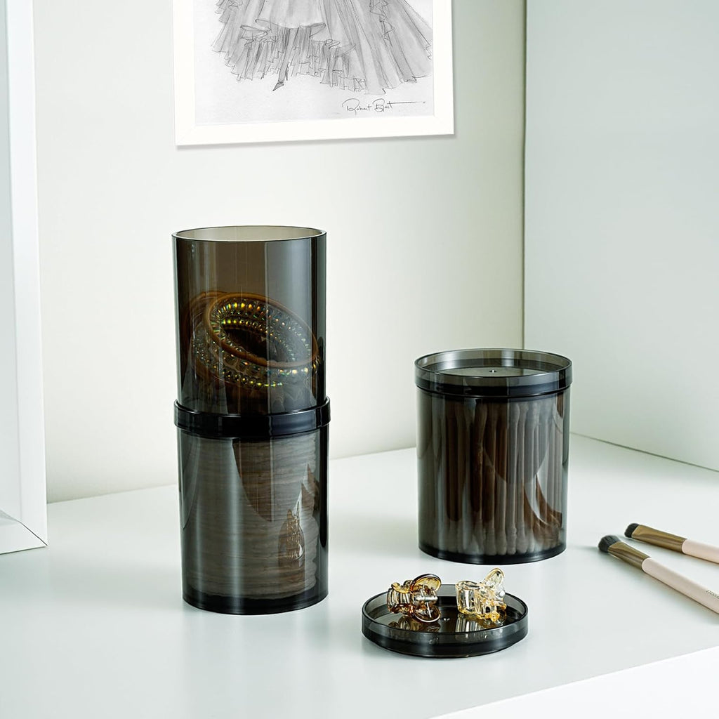 SheeChung Qtip Holder - 12 oz Apothecary Jar Set | Stylish Bathroom Organizer for Cotton Swabs & Pads - Translucent Black