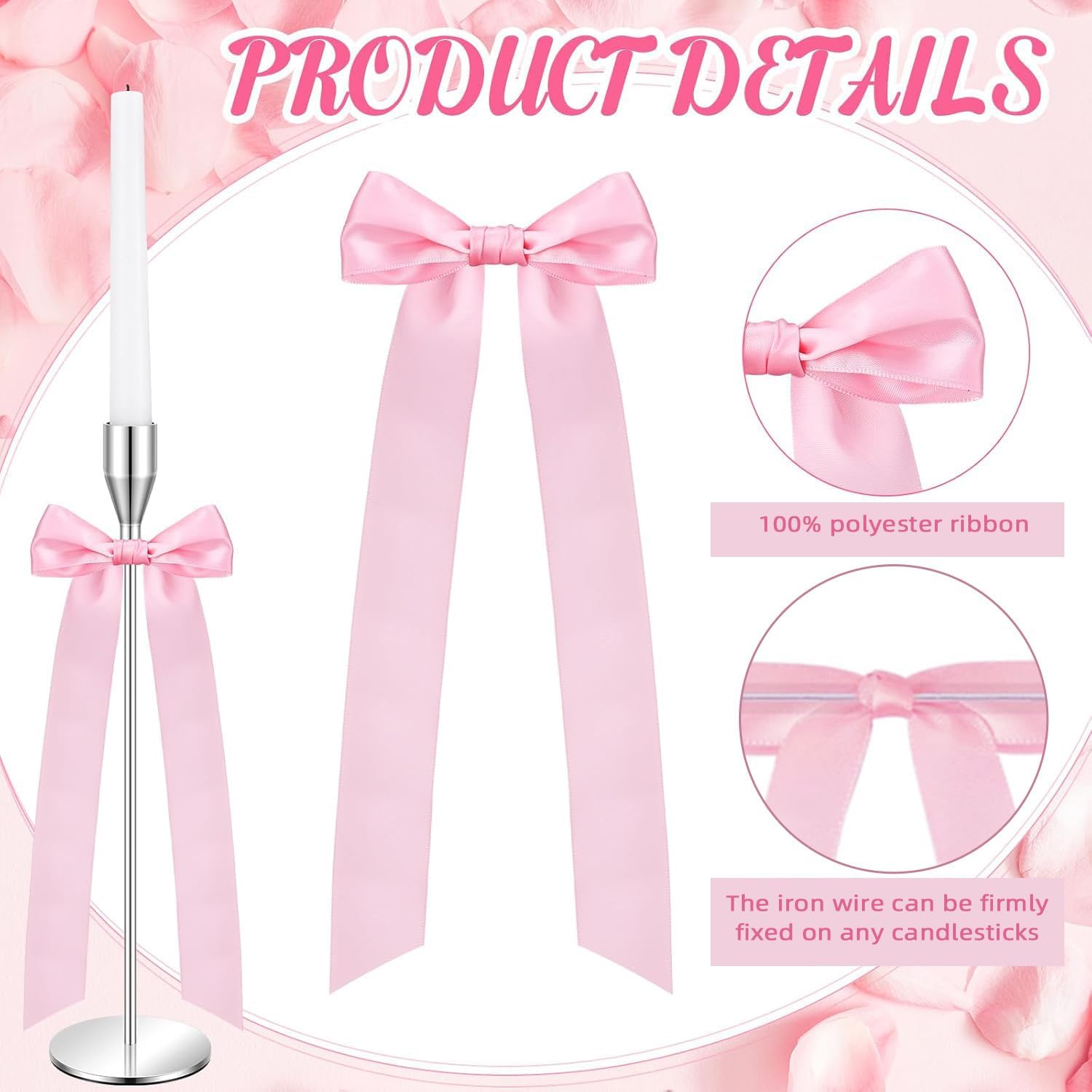 Regine Switzerland 16-Piece Pink Candlestick Bow Set - 13-Inch Ribbon Decor for Weddings & Parties