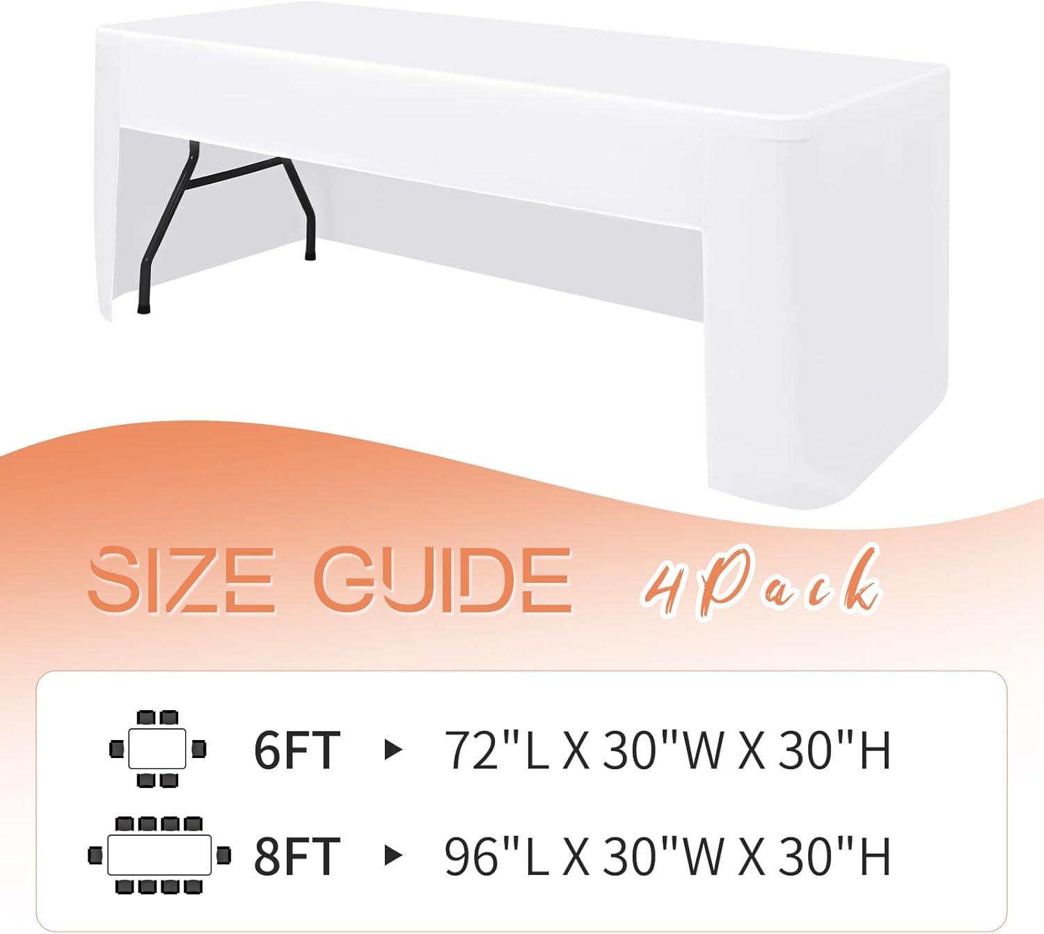 Skiennix 4-Pack White Fitted Tablecloths - Washable Polyester for 6-Foot Rectangle Tables (72" x 30")