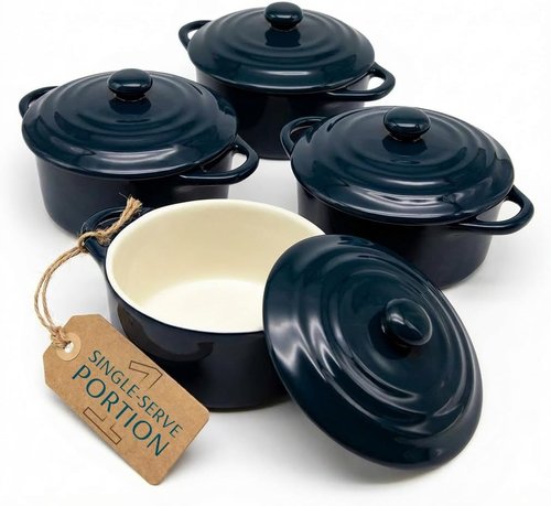 Kook Ceramic Mini Cocotte Set - Small Casserole Dishes with Lids | Oven Safe 350°F, 12 oz, Set of 4 (Navy)