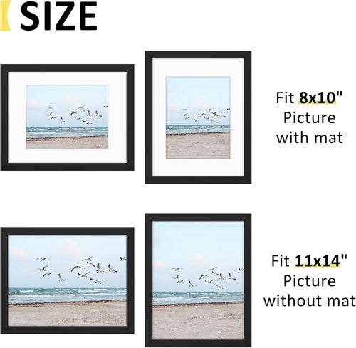 Frametory 11x14 Picture Frame - Display 8x10 Photos with Mat or 11x14 Without Mat, Shatter-Resistant Glass - Black