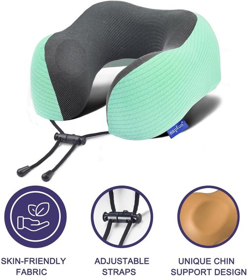 Napfun Neck Pillow - Memory Foam Travel Pillow with Sleep Mask, Earplugs & Pouch | Turquoise Striped Kit