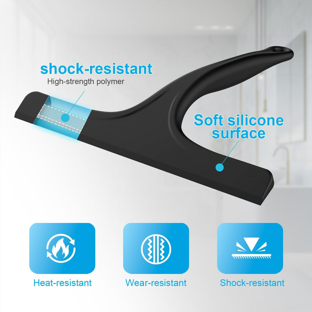 Silicone Shower Squeegee - Effortlessly Remove Water Spots from Glass, Mirrors & Tiles | 10 Inch, Black