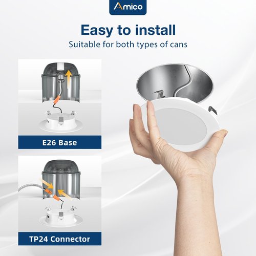 Amico Recessed Lighting 4 Inch, 24 Pack 5CCT Flat LED Can Lights, 2700K/3000K/4000K/5000K/6000K Selectable, 7W Eqv 60W, 700LM Brightness, Retrofit Installation - ETL & FCC