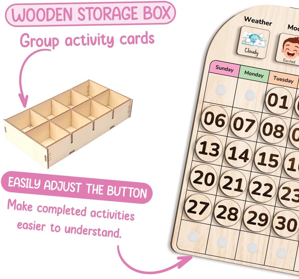 TinyKidz Wooden Calendar - Educational Toddler Calendar for Home & Classroom | Months & Days Learning Tool