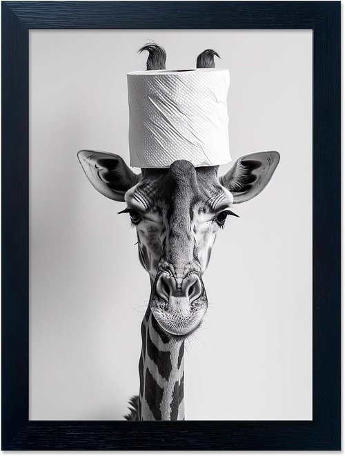 Giraffe Wall Art by Funny Bathroom Decor | Humorous Canvas Print with Toilet Paper Roll | Black & White Framed Artwork