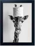 Giraffe Wall Art by Funny Bathroom Decor | Humorous Canvas Print with Toilet Paper Roll | Black & White Framed Artwork