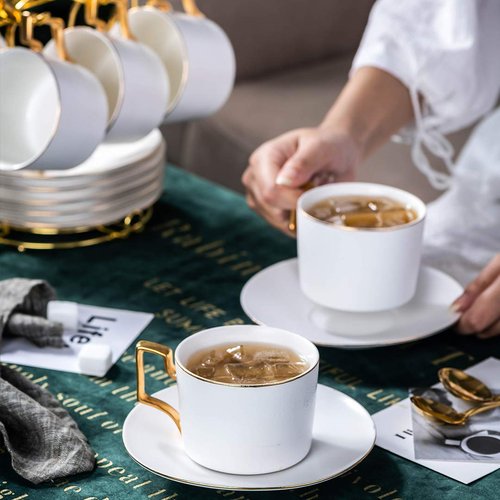 CHILDIKE 6oz Porcelain Cappuccino Cups Set of 6 with Saucers and Metal Stand, Stackable Tea Cups Set for Coffee, Latte, Espresso, Cafe Mocha, Matte White