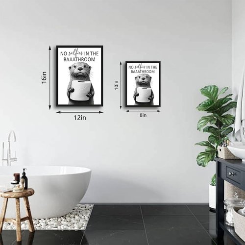Framed Funny Bathroom Wall Art | Cute Otter Holding Toilet Paper - Black & White Canvas - 8x10in