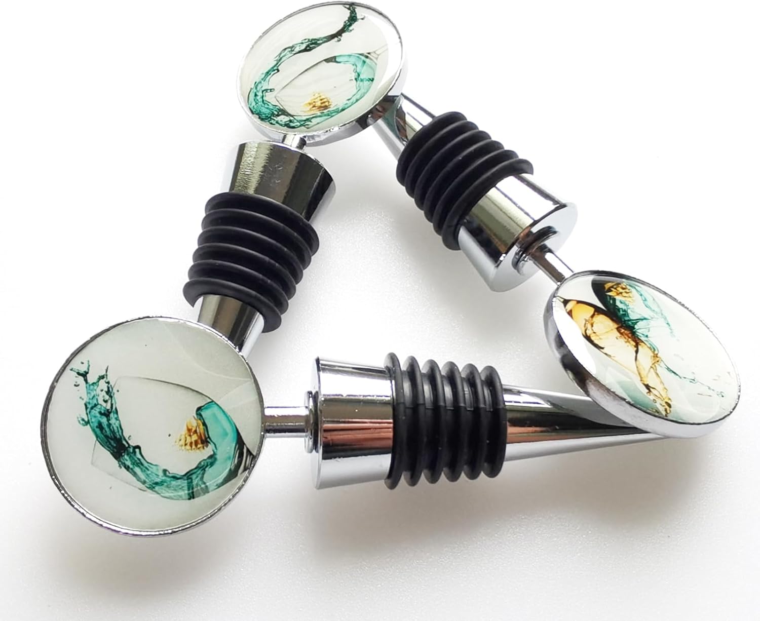 Wine Bottle Stoppers, Set of 3 Stainless Steel Wine Stoppers with Decorative Art Glass, Wine and Beverage Bottle Corks for Gifts, Bar, Wedding, Holiday Party (Green)