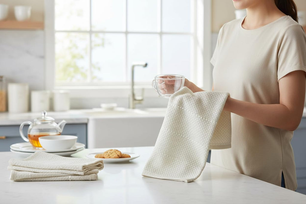Off White Ivory Cream Kitchen Hand Dish Towels: Oversized 28" x 18",100% Cotton Cloth Soft Cleaning Drying Absorbent Textured Design, Set of 3 Multipurpose for Everyday Use (Creme Textured)