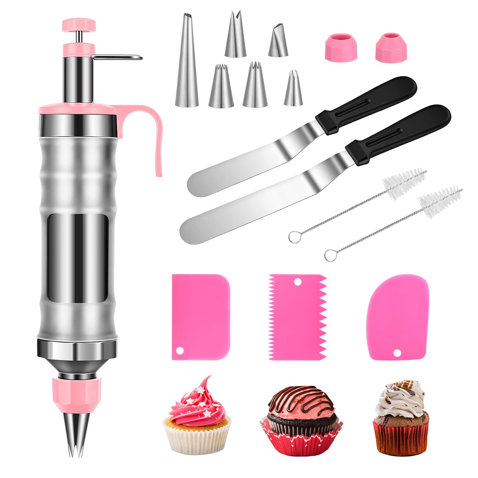 Icing Decoration Gun Set, Stainless Steel Dessert Decorating Syringe Set, Cupcake Frosting Filling Injector with 6 Icing Nozzles, 3 Cream Scraper, 2 Offset Spatula, 2 Nozzle Brush for Kitchen Baking