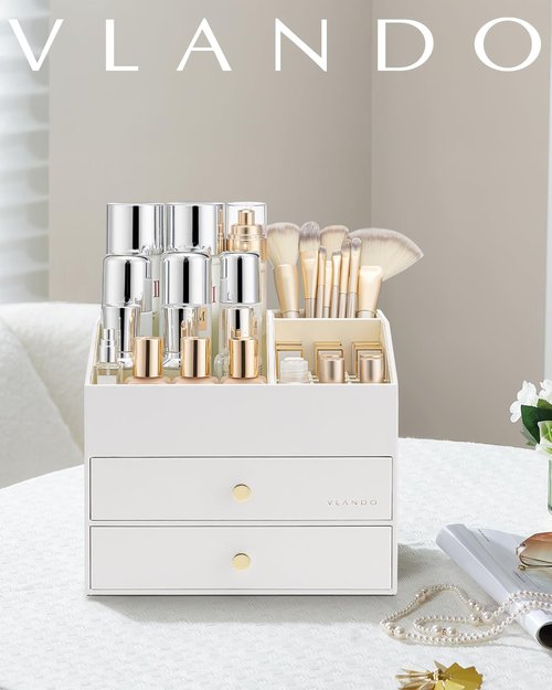 VLANDO Makeup Organizer for Vanity,Large Capacity Countertop Organizer with Drawers, PU Leather Cosmetic Display Case for Lipstick,Brushes,Skincare,Nail polish and Bedroom Storage (White)