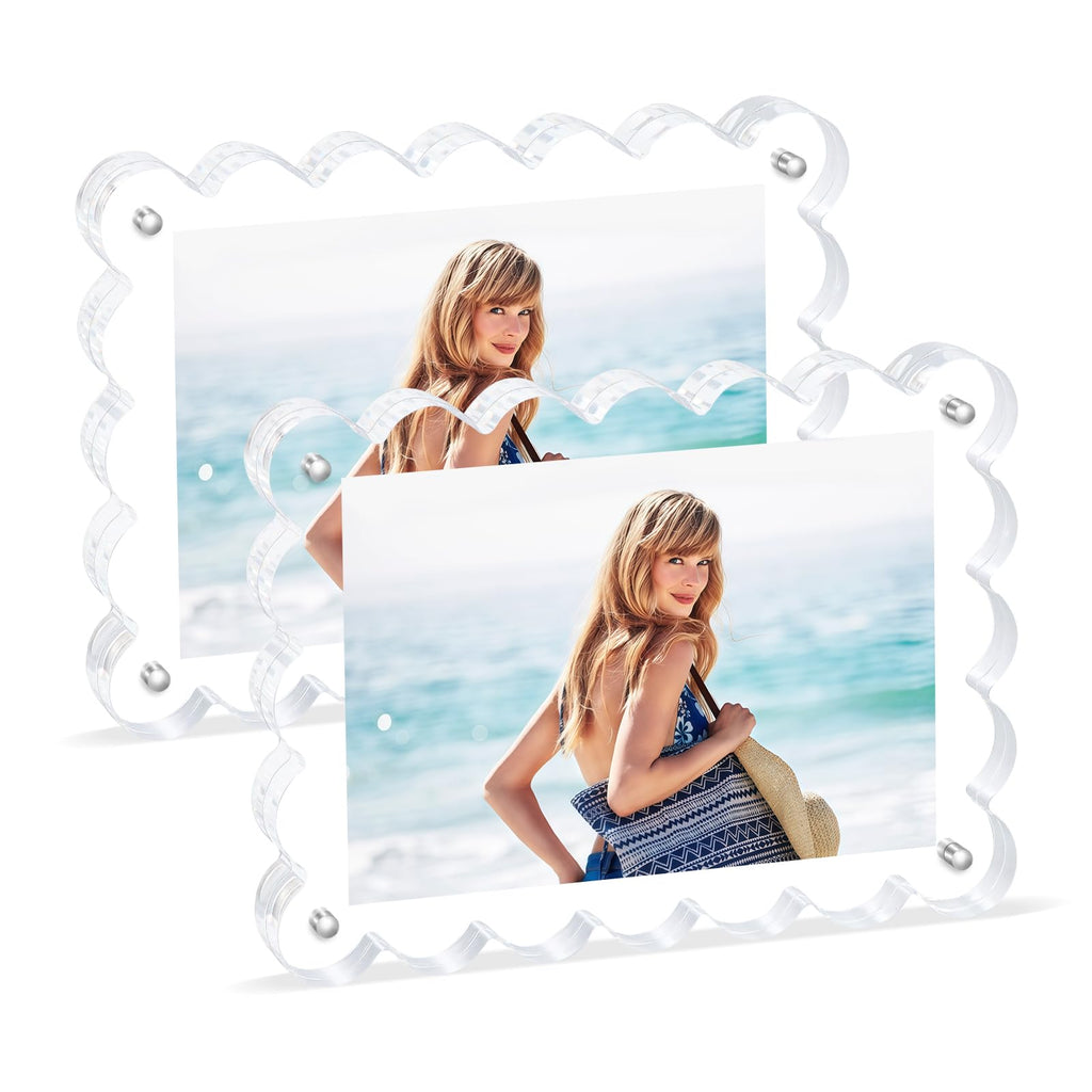 Novacrylion Scalloped Magnetic Picture Frame 4x6 Inch - 2Pack Clear Acrylic Photo Frame, 20mm Thick Double-Sided Magnet Design, Trendy Desktop Display for Home/Office Decor (2 Pack, 4X6)