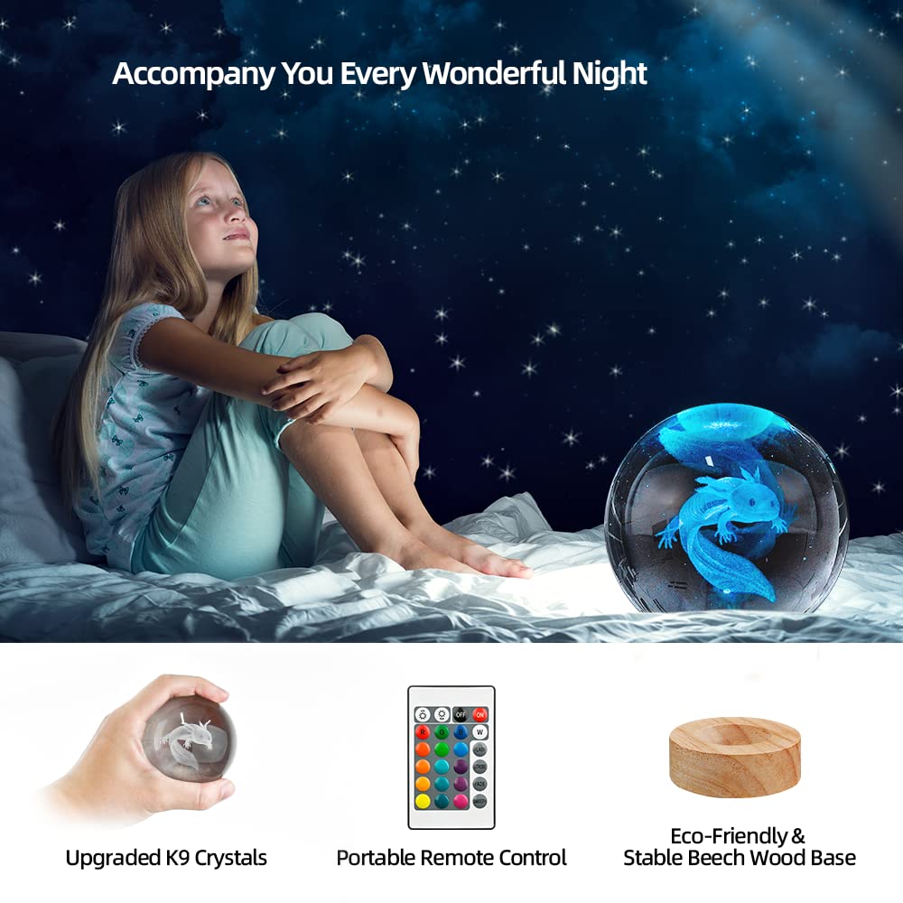 YYLZEPHB 3D Axolotl Crystal Ball Night Light with 16 Color LED Wooden Base, Upgraded 3.15 Inch Axolotl Glass Ball Lamp with Remote Control Cool Desk Decor Gifts for Kids Girls Boys Friends Fans