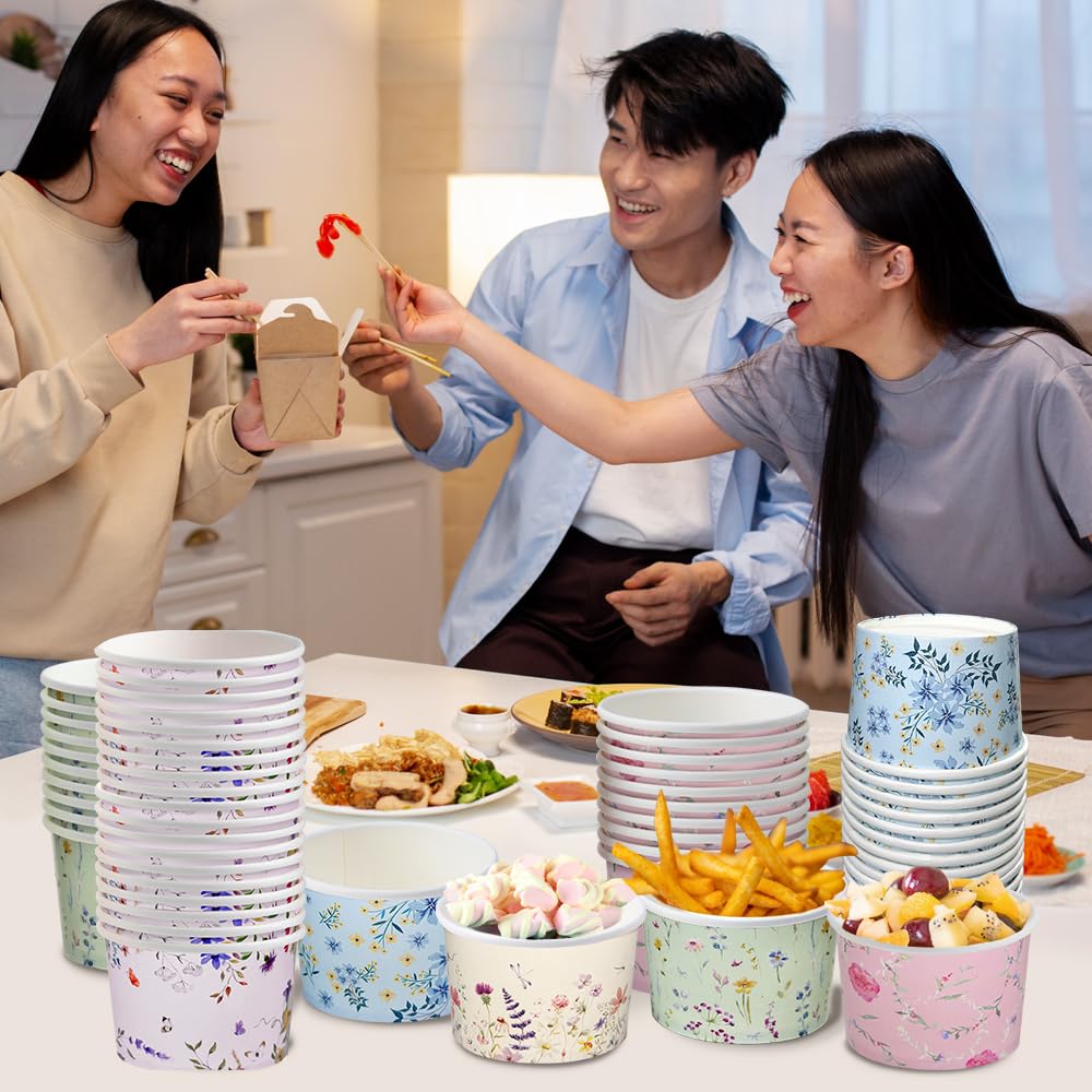 Nihuecne 50 Pcs 9 oz Floral Themed Disposable Dessert Paper Bowls in 5 Designs, Disposable Snack and Soup Bowls for Events, Game Day, Birthday Party Supplies, Perfect for Hot or Cold Food