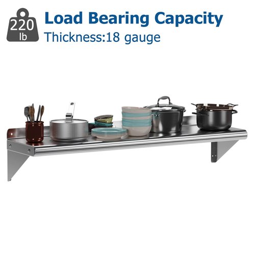 KYBOLT 12" x 48"Commercial Stainless Steel Wall Mounted Shelf for Hanging Pots and Pans - Ideal for Storage in Restaurants, Kitchens, Homes, and Hotels