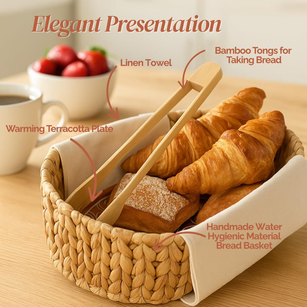 Premium Bread Basket with Warmer – Woven Serving Basket with Terracotta Warming Stone & Tongs, Keeps Bread Warm Longer, Modern Table Basket for Bread, Rolls & Tortillas, Mothers day, Mothers day gift