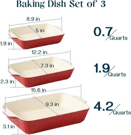 DOWAN Casserole Dishes - Set of 3 Rectangular Ceramic Baking Dishes | 135 oz Capacity, Red (15.6''/12.2''/8.9'')