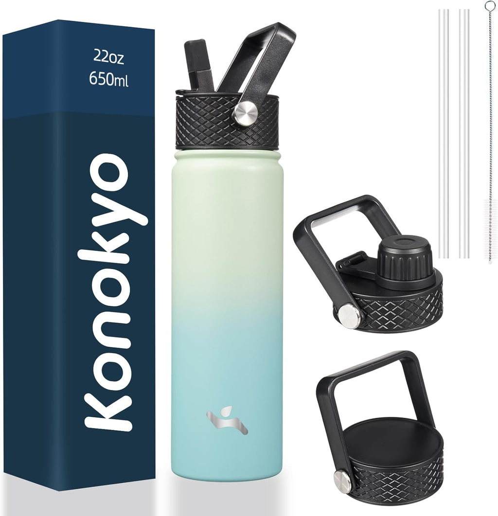 Skiennix 22oz Stainless Steel Water Bottle - Insulated with 3 Lids | Mint Color