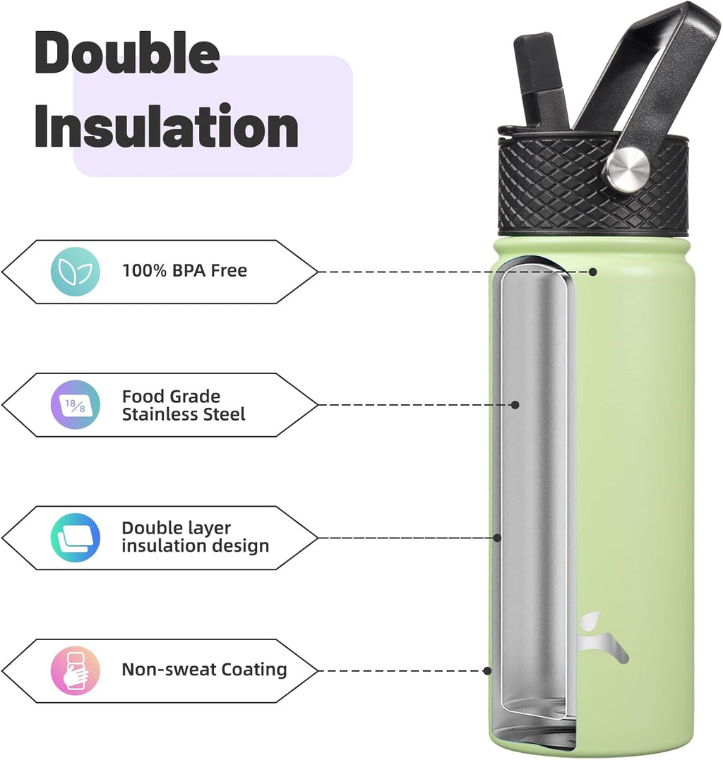 Skiennix 18 Oz Insulated Stainless Steel Water Bottle - Sport Bottle with 3 Lids | Macaron Green