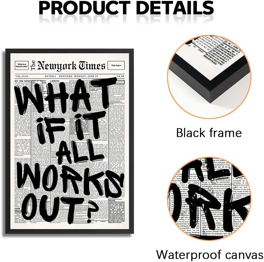 Skiennix Trendy Black and White Framed Wall Art | "What If It All Works Out" Poster for Preppy Dorm Decor