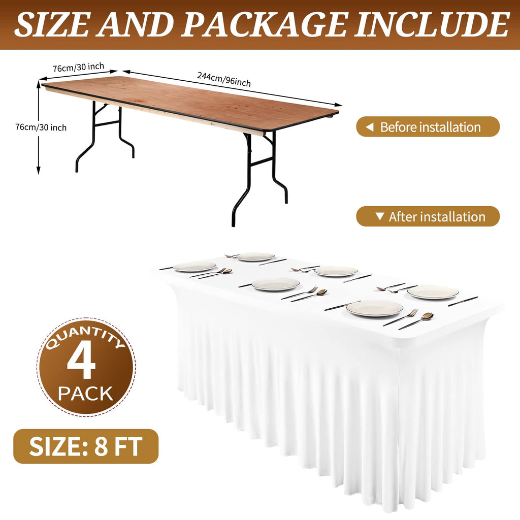 Fani 4 Pack Spandex Table Skirts for Rectangle Stretch Tablecloth, Wrinkle Resistant Table Covers and Fitted Skirts for Trade Show, Banquet, Restaurant, Party, Events (8ft, White)