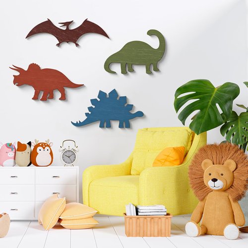 4 Pcs Dinosaur Wall Decors Wooden, Boys Dinosaurs Playroom Wall Decor, Farmhouse Dinosaur Gifts for Home Kitchen Bathroom Office Decoration
