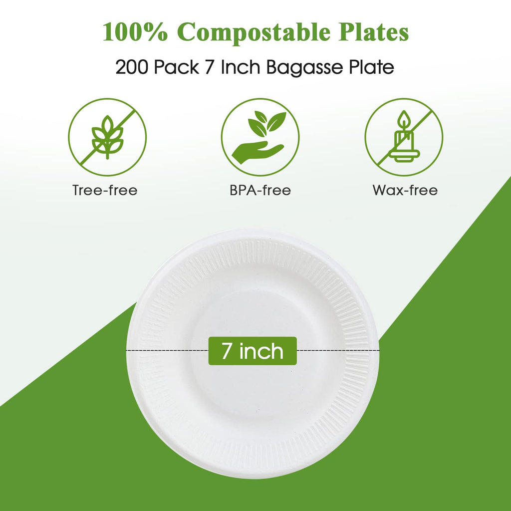 Vplus 100% Compostable Paper Plates, 200 Pack 7 Inch Disposable Paper Plates, Uncoated Biodegradable, Made of Sugar Cane Fibers, Perfect for Sandwich, Cake, and Snack