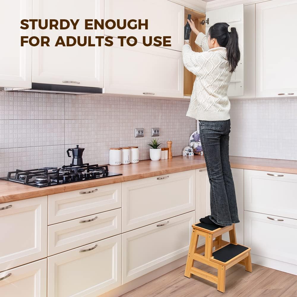 StrongTek Wood Step Stool - Heavy-Duty Two-Step Design for Adults & Kids | 17" Tall, Non-Slip Steps