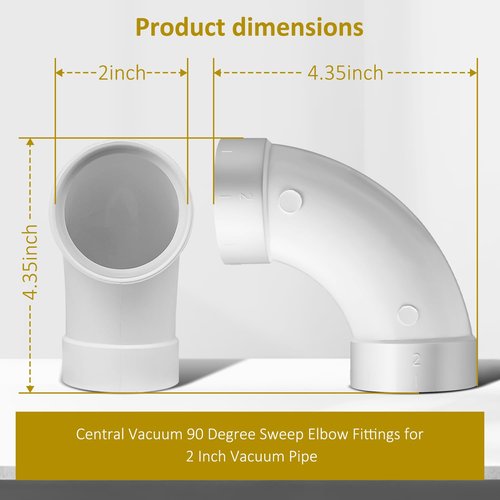 GULUANT 2 Pack Replacement Central Vacuum 90 Degree Sweep Prevents Clogs Elbow Fitting for 2 Inch Vacuum Pipe
