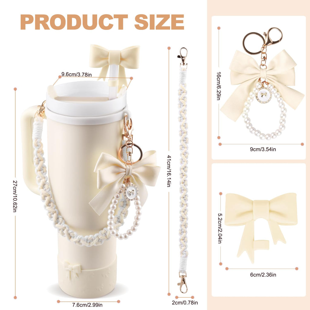 Stanley Cup Accessories Set for 40oz & 30oz,0.4in Silicone Straw Cover, Cute Charm,Handle Strap,Cup Ring,Plush Pendant,Stanley Boot,Heart Buttons for Tumbler (White)