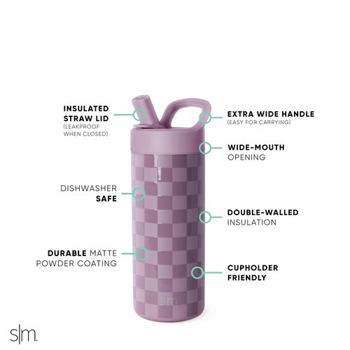 Simple Modern Kids Water Bottle with Straw lid | Insulated Stainless Steel | Reusable Thermos for Girls, School & Sports | Leak Proof & BPA Free | Mesa Collection | 16oz, Lavender Checkmate