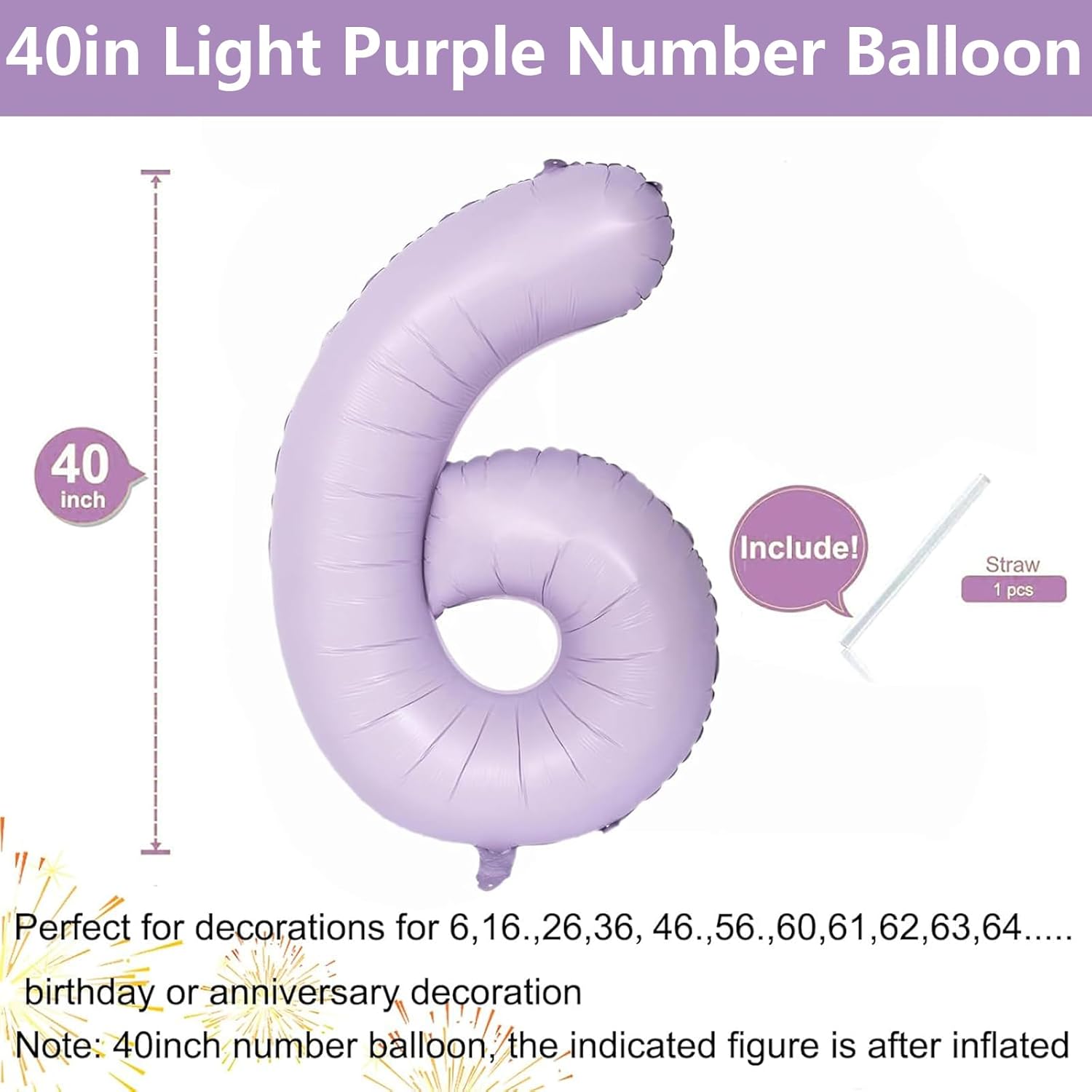 Skiennix 40-Inch Purple Number Balloon - Matte Light Purple Birthday Decoration (Number 6)
