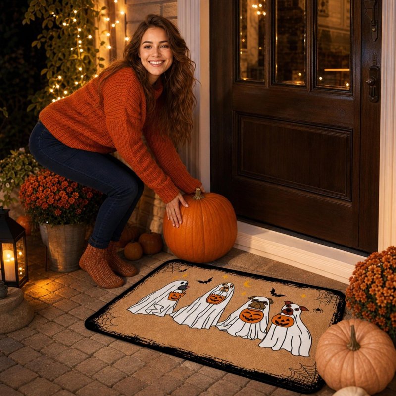 Halloween Door Mat with Cute Dogs in Ghost Costume - Variation 2B