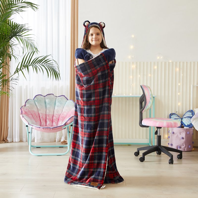 Adult Hooded Throw Blanket with Sherpa Reverse 50x60 inches - Cozy Plush & Plaid Design