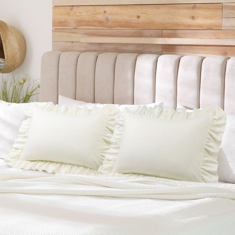 King Size Cream Microfiber Ruffle Envelope Pillowcases Set - 2 Pcs