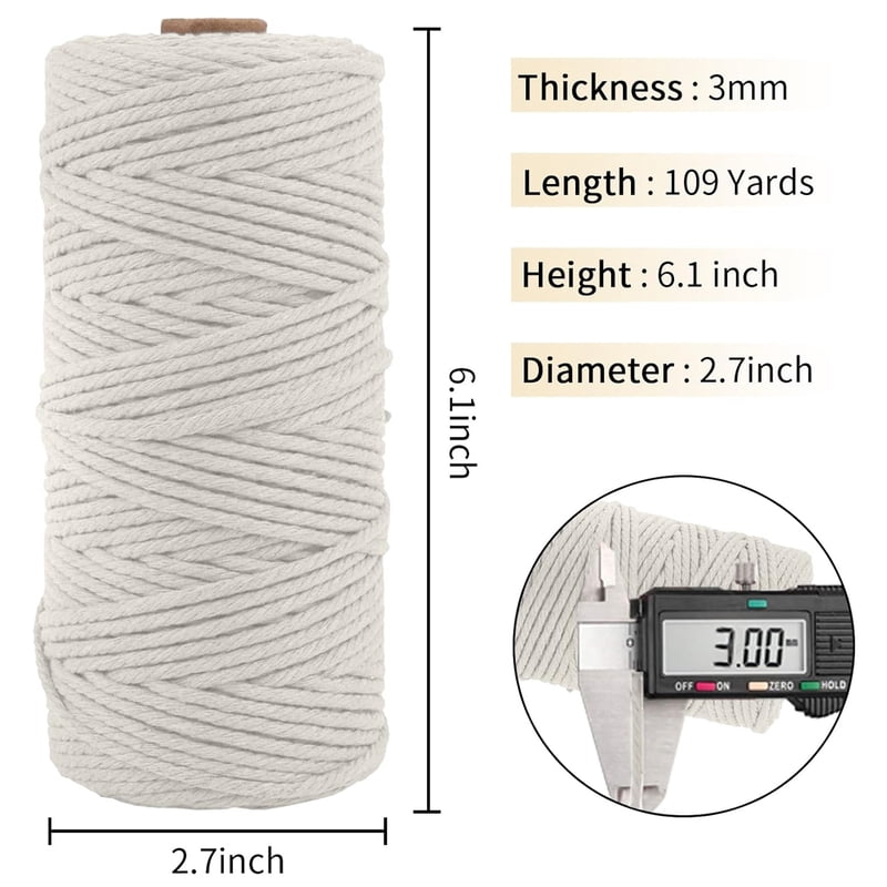 Light Tan 3mm Cotton Macrame Cord - 110 Yards Natural Rope for DIY Crafts