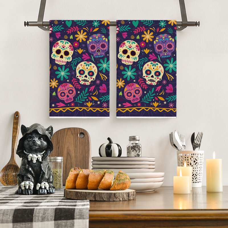 Seasonal Floral Day of The Dead Kitchen Towels Set of 2 - 18x26 Inches Halloween Decor